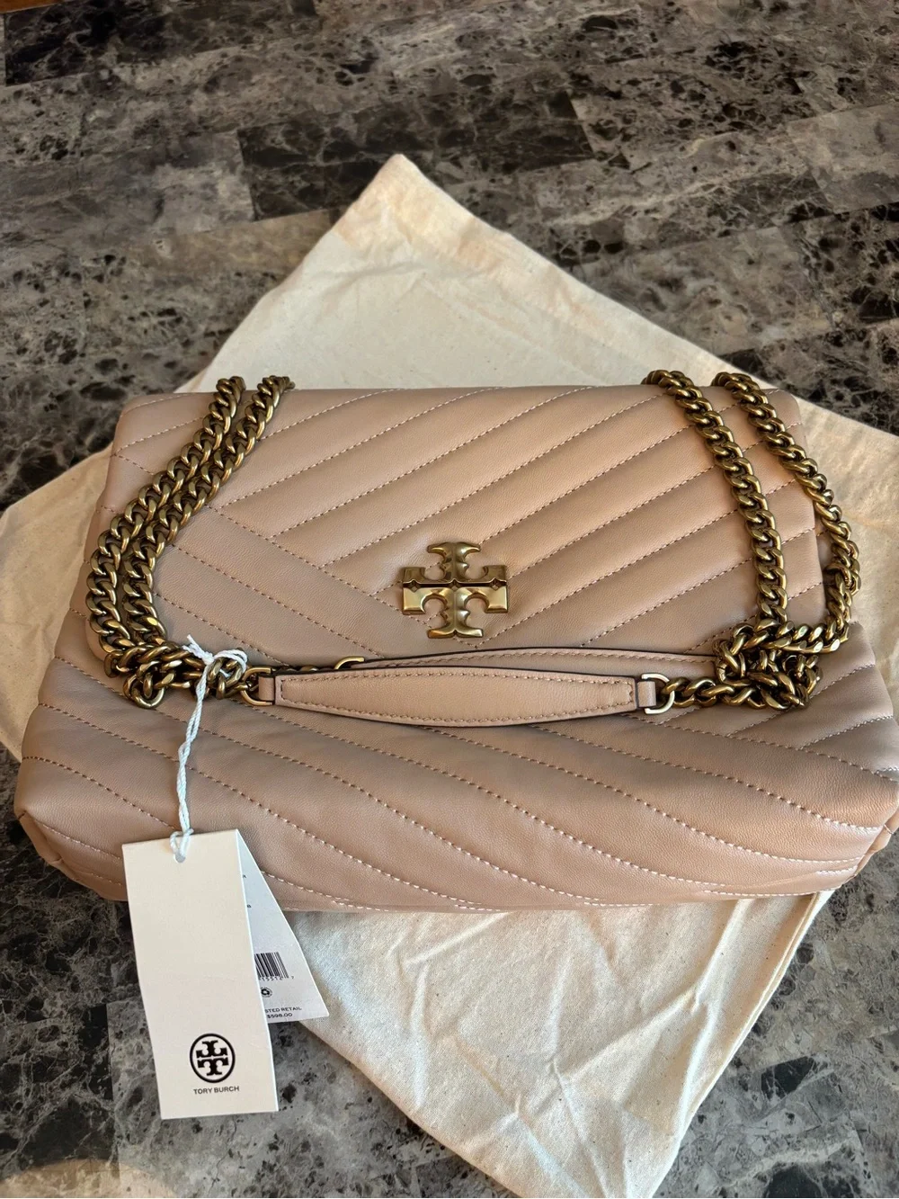 Tory Burch Quilted Blush Leather Shoulder Bag with Gold Chain